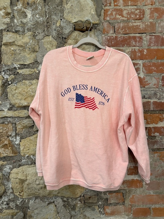 Oat Collective Tops - Pink 'God Bless America' Crewneck Sweatshirt
